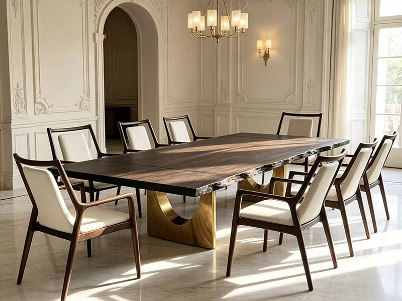 Mesa de comedor extensible de madera de saman teñida con borde natural T2613