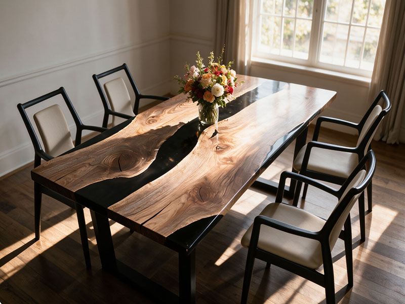 Mesa clásica de madera de río de nogal negro con borde natural y resina epoxi T2614