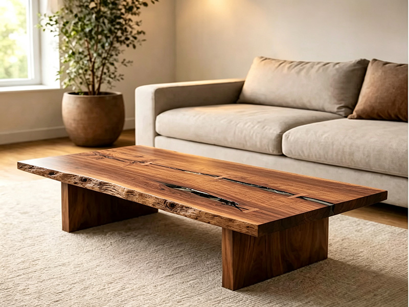 Mesa de centro de lujo de nogal americano con borde natural y resina epoxi W-260803