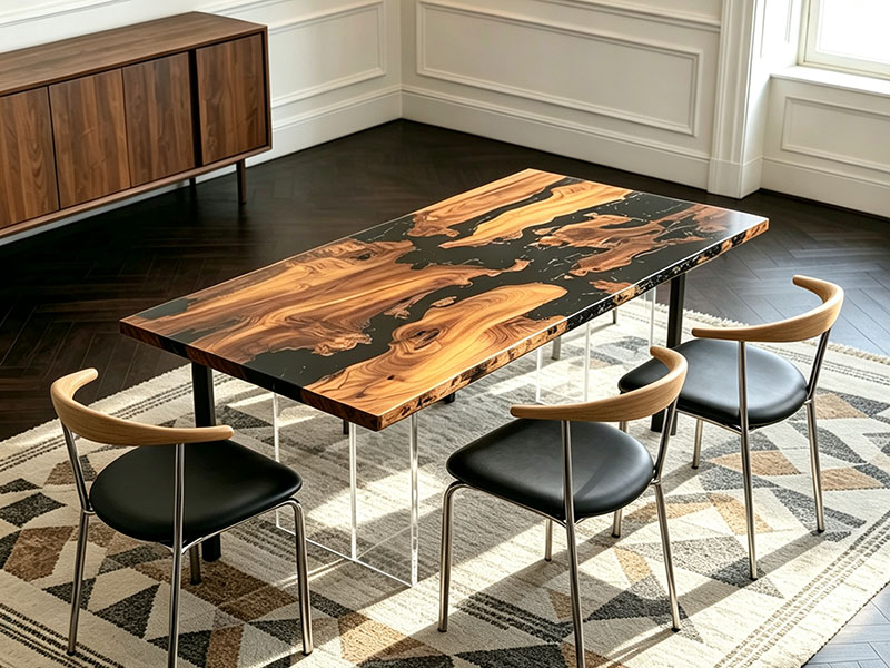 Mesa de comedor personalizada Cudrania Tricuspidata de madera con resina epoxi negra Tr-2611