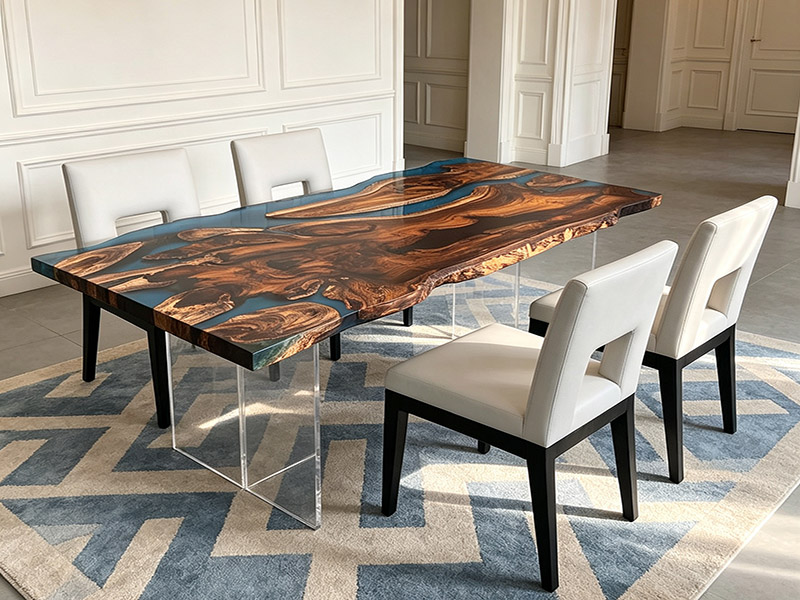 Mesa de comedor personalizada Kassod Wood Blue Epoxy Resin con borde natural Ka-2601