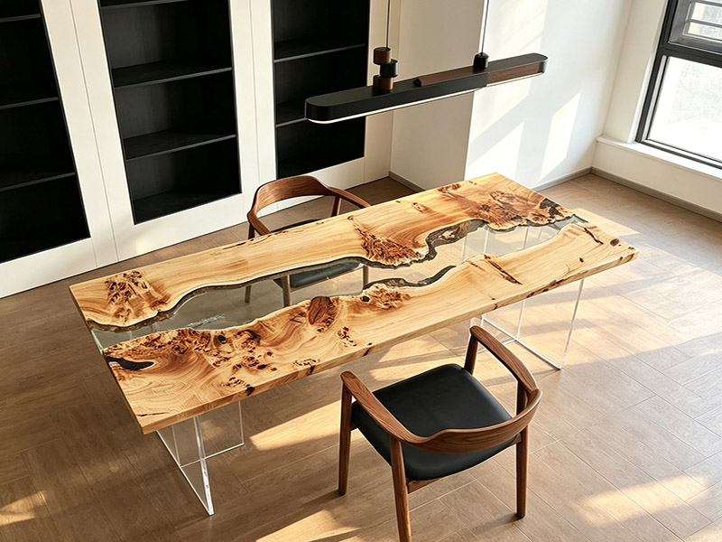 Mesa moderna de madera de álamo europeo con borde natural y resina transparente T260801
