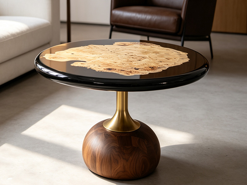 Mesa de centro redonda de madera de álamo con nudos, hecha a mano P-2609