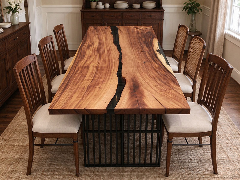Mesa de comedor Raintree de madera con borde natural y acabado epoxi River T260929
