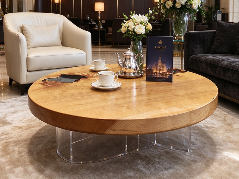 Mesa de centro redonda de madera maciza con resina epoxi C-261007