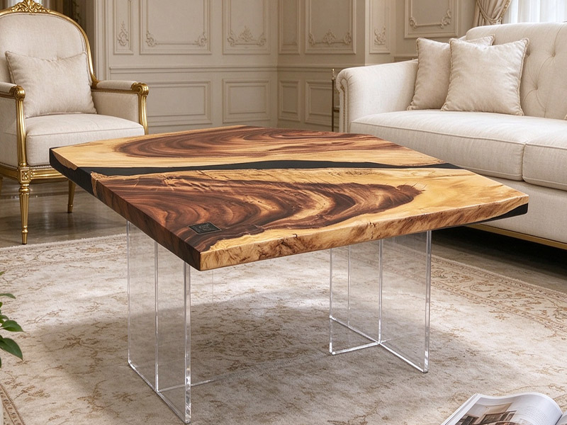 Mesa de centro cuadrada Saman Wood River de resina epoxi C-261008