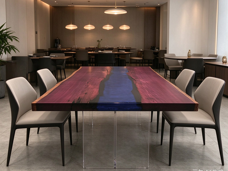 Mesa de comedor rectangular de madera de corazón púrpura con resina epoxi azul PH-2610