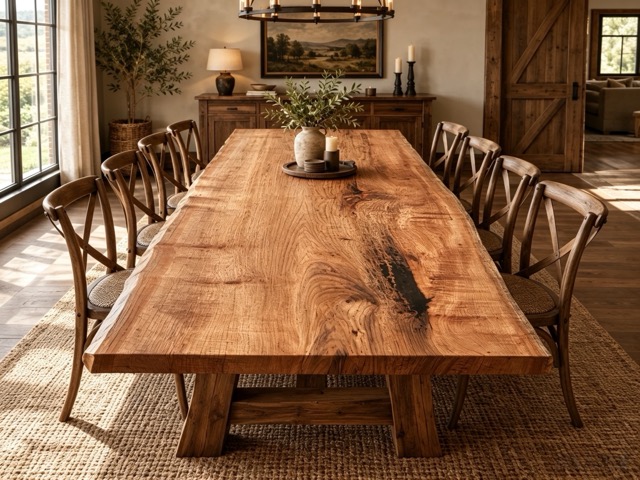 Mesa de comedor rústica de roble rojo con borde natural R261013